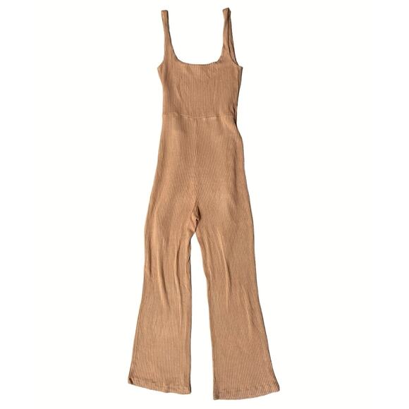 Reformation Kazu Jumpsuit Small Brown Tan Wide Leg Ribbed Knit One Piece Neutral - Picture 7 of 16